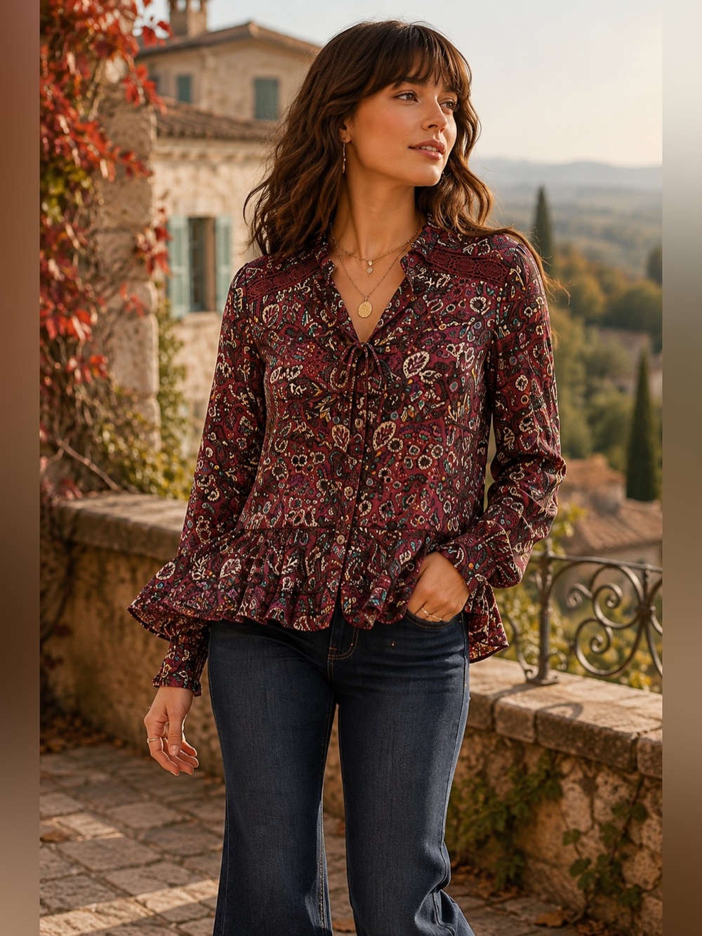 Anthropologie Maeve Janie Flounced Peplum Blouse Burgundy Floral Boho Tie Neck 6